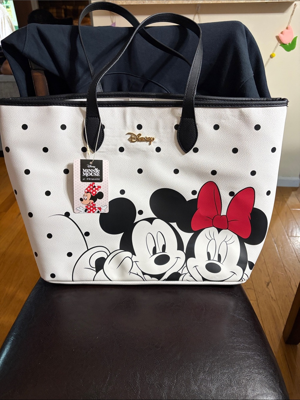 Disney Black & White Minnie and Mickey Polka Dot Tote with Red Bow Accent